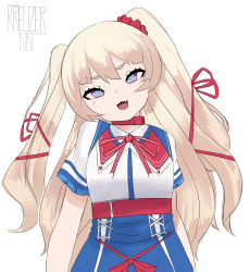 Rule 34 | 1girl, :3, akai haato, akai haato (1st costume), akai haato (cosplay), artist name, azur lane, bache (azur lane), blonde hair, choker, commentary, cosplay, english commentary, fang, hair ornament, hair ribbon, hair scrunchie, head tilt, heart, heart-shaped pupils, high-waist skirt, highres, hololive, kreuzer 00, long hair, looking at viewer, neck ribbon, open mouth, purple eyes, red choker, red ribbon, red scrunchie, ribbon, scrunchie, short sleeves, simple background, skirt, smile, solo, symbol-shaped pupils, two side up, virtual youtuber, white background