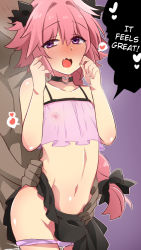 Rule 34 | 2boys, :o, astolfo (fate), black skirt, blush, bow, braid, choker, clothes lift, commentary, crop top, crossdressing, cum, dark-skinned male, dark skin, fang, fate (series), frills, hair bow, half-closed eyes, hard-translated, heart, heart choker, highres, implied sex, long hair, midriff, multiple boys, navel, nipples, nude, open mouth, panties, panty pull, pink hair, purple eyes, see-through, skirt, skirt lift, speech bubble, stomach, text focus, third-party edit, torso grab, translated, trap, underwear, very long hair, wavy mouth, yaoi