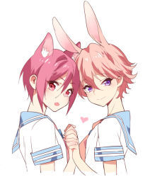 Rule 34 | 10s, 2boys, :&gt;, animal ears, blush, cat boy, cat ears, fang, free!, heart, holding hands, male focus, matsuoka rin, multiple boys, open mouth, pink hair, purple eyes, rabbit ears, red eyes, red hair, sailor, shigino kisumi, short hair, simple background, siruphial, smile, white background