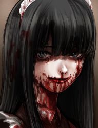 Rule 34 | 1girl, black hair, blood, blood in hair, blood on clothes, blood on face, closed mouth, green eyes, hoshi san 3, long hair, looking at viewer, maid, maid headdress, nosebleed, original, portrait, smile, solo