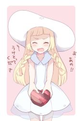 Rule 34 | !, !!, 1girl, bad id, bad twitter id, bare shoulders, blonde hair, blunt bangs, blush, braid, candy, chocolate, chocolate heart, closed eyes, confession, creatures (company), cropped legs, dress, facing viewer, food, game freak, hat, heart, lillie (pokemon), long hair, mei (maysroom), nintendo, open mouth, pokemon, pokemon sm, see-through, simple background, sleeveless, sleeveless dress, solo, standing, sun hat, sweatdrop, text focus, twin braids, valentine, white background