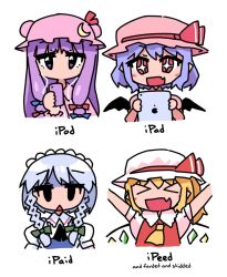 Rule 34 | &gt; &lt;, 4girls, :d, apple inc., ascot, bat wings, blonde hair, blue bow, blunt bangs, blush stickers, bow, braid, cable, commentary, crescent, crescent hat ornament, cropped arms, cropped torso, crystal, digital media player, earbuds, earphones, english commentary, english text, fang, flandre scarlet, green bow, grey hair, hair bow, half-closed eyes, hat, hat bow, hat ornament, hat ribbon, heart, heart-shaped pupils, holding, holding tablet pc, ipad, ipaid (meme), ipod, izayoi sakuya, jitome, light purple hair, loneoni, long hair, maid, maid headdress, medium hair, meme, mob cap, multiple girls, no mouth, open mouth, patchouli knowledge, puffy sleeves, purple eyes, purple hair, red bow, red eyes, remilia scarlet, ribbon, short hair, sidelocks, simple background, skin fang, smile, solid oval eyes, star-shaped pupils, star (symbol), symbol-shaped pupils, tablet pc, touhou, triangle mouth, twin braids, white background, wings, xd, yellow ascot