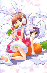 Rule 34 | 2girls, absurdres, alice parade, animal ears, rabbit ears, carrot, cloud, company connection, dress, earmuffs, eating, fake animal ears, flyable heart, green panties, highres, inaba yui, ito noizi, multiple girls, panties, playboy bunny, silk (alice parade), source request, underwear