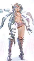Rule 34 | 1girl, :d, blush, bow (bhp), breasts, cyborg, detached arm, detached legs, extra arms, grey eyes, grey hair, long hair, looking at viewer, navel, open mouth, original, panties, simple background, small breasts, smile, solo, standing, striped clothes, striped panties, underwear, white background