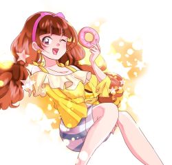 Rule 34 | 1girl, :d, amanogawa kirara, blush, brown hair, doughnut, dress, food, go! princess precure, highres, holding, holding food, long hair, looking at viewer, one eye closed, open mouth, precure, purple eyes, ribbon, smile, solo, twintails, wink