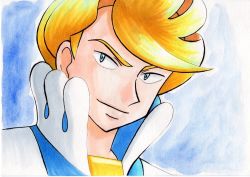 Rule 34 | 1boy, blonde hair, blue background, closed mouth, commentary request, creatures (company), game freak, grey eyes, high collar, highres, male focus, nintendo, oka mochi, pokemon, pokemon xy, portrait, shirt, short hair, siebold (pokemon), smile, solo, traditional media, upper body, white shirt