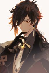 Rule 34 | 1boy, absurdres, black gloves, black hair, brown hair, closed mouth, collar, collared shirt, earrings, feather earrings, feathers, formal, genshin impact, gloves, hair between eyes, hand on own chin, highres, jacket, jewelry, k (utcr7873), long hair, long sleeves, male focus, multicolored hair, one eye covered, ponytail, shirt, simple background, single earring, solo, suit, white background, yellow eyes, zhongli (genshin impact)