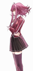 Rule 34 | 1girl, absurdres, black skirt, brown eyes, closed mouth, dress shirt, duel academy uniform (yu-gi-oh! 5d&#039;s), from side, highres, izayoi aki, jacket, long hair, long sleeves, miniskirt, naoki (2rzmcaizerails6), neck ribbon, pink hair, pleated skirt, profile, purple thighhighs, red jacket, ribbon, shirt, sidelocks, simple background, skirt, solo, standing, thighhighs, white background, white shirt, yellow ribbon, yu-gi-oh!, yu-gi-oh! 5d&#039;s, zettai ryouiki