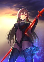 Rule 34 | 1girl, absurdres, armor, bodysuit, breasts, ccjn, cloud, cowboy shot, fate/grand order, fate (series), gae bolg (fate), garter straps, gloves, hair intakes, highres, holding, holding weapon, large breasts, long hair, looking at viewer, outdoors, parted lips, pauldrons, polearm, purple bodysuit, purple hair, red eyes, scathach (fate), shoulder armor, showgirl skirt, sky, solo, sparkle, spear, sunset, thighhighs, turtleneck, very long hair, weapon