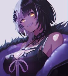 Rule 34 | 1girl, absurdres, bare shoulders, black dress, black hair, breasts, choker, cleavage, coat, dress, fur trim, grin, highres, hololive, hololive english, large breasts, lips, looking at viewer, medium hair, multicolored hair, open clothes, open coat, shiori novella, shiori novella (1st costume), simple background, smile, solo, sumosumo, two-tone hair, upper body, virtual youtuber, white background, white hair, yellow eyes