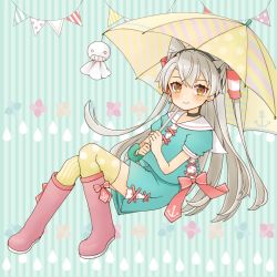 Rule 34 | 1girl, amatsukaze (kancolle), anchor symbol, blush, boots, bow legwear, choker, cocoperino, cross-laced clothes, dress, floral print, green dress, green jacket, grey hair, jacket, kantai collection, layered skirt, long hair, raindrop print, reclining, red footwear, rubber boots, school uniform, serafuku, side slit, skirt, solo, streamers, striped, striped background, striped umbrella, teruterubouzu, thighhighs, twintails, two side up, umbrella, yellow eyes, yellow thighhighs