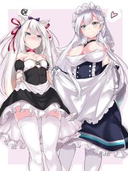 Rule 34 | 2girls, :t, animal ears, aoi takeru, apron, azur lane, bare shoulders, belfast (azur lane), black dress, blue eyes, blush, bow, braid, breasts, buttons, chain, choker, cleavage, clothes lift, collar, collarbone, commentary request, detached puffy sleeves, dress, dress lift, french braid, frilled skirt, frills, from below, gloves, hair between eyes, hair bow, hair ornament, hair ribbon, hammann (azur lane), heart, highres, large breasts, lifting own clothes, long hair, looking at viewer, maid, maid apron, maid headdress, multiple girls, pout, purple bow, red ribbon, ribbon, simple background, skirt, skirt lift, small breasts, smile, spoken heart, spoken squiggle, squiggle, strapless, sweatdrop, thighhighs, tsurime, turret, two side up, upskirt, very long hair, white gloves, white hair, white legwear