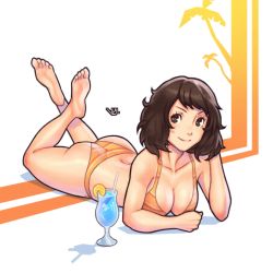 Rule 34 | 1girl, absurdres, ass, bikini, breasts, brown eyes, brown hair, cleavage, collarbone, feet, highres, kawakami sadayo, large breasts, looking at viewer, lying, medium breasts, on stomach, persona, persona 5, short hair, simple background, smile, soles, solo, swimsuit, the pose, toes, vj99, wavy hair