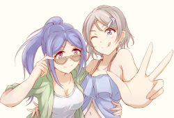 Rule 34 | 2girls, ;q, blue hair, breasts, cleavage, collarbone, dolphin hair ornament, floating hair, green jacket, grey eyes, grey hair, hair ornament, hairclip, hand on another&#039;s hip, high ponytail, jacket, ken (kenta1922), leaning forward, long hair, love live!, love live! sunshine!!, matsuura kanan, medium breasts, midriff, multiple girls, navel, one eye closed, open clothes, open jacket, pink eyes, shirt, short hair, simple background, smile, stomach, sunglasses, tongue, tongue out, upper body, watanabe you, white background, white shirt