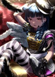 Rule 34 | 1girl, absurdres, arm rest, arm up, black feathers, black gloves, black hat, black shirt, black thighhighs, blue hair, blunt bangs, blurry, commentary, crossed legs, dark blue hair, depth of field, earpiece, falling feathers, feathers, fingerless gloves, glint, gloves, hair bun, hat, highres, looking at viewer, love live!, love live! sunshine!!, open mouth, parted lips, peaked cap, ponpon rabbit, red eyes, shirt, short sleeves, single side bun, sitting sideways, solo, striped clothes, striped thighhighs, symbol-only commentary, tatehoko tsubasa, thighhighs, tilted headwear, tsurime, tsushima yoshiko, white feathers