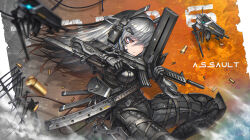 Rule 34 | 1girl, black bodysuit, bodysuit, breasts, combat knife, cyborg, dual wielding, gia, grey hair, gun, headgear, highres, holding, holding gun, holding weapon, holster, impossible clothes, knife, long hair, mechanical arms, medium breasts, original, red eyes, shell casing, solo, symbol-shaped pupils, thigh holster, trigger discipline, weapon