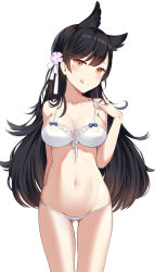 Rule 34 | 1girl, :q, animal ears, arm behind back, atago (azur lane), atago (summer march) (azur lane), azur lane, bare arms, bare shoulders, bikini, black hair, blush, breasts, cleavage, closed mouth, collarbone, covered erect nipples, cowboy shot, flower, gluteal fold, hair flower, hair ornament, highres, linhe de chuangzi, long hair, looking at viewer, medium breasts, mole, mole under eye, navel, orange eyes, simple background, smile, solo, standing, stomach, swept bangs, swimsuit, thighs, tongue, tongue out, very long hair, white background, white bikini