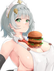 Rule 34 | 1girl, absurdres, alternate breast size, bare shoulders, braid, breasts, burger, cleavage, detached sleeves, food, genshin impact, green eyes, grey hair, headdress, highres, kntrs (knyrs), large breasts, noelle (genshin impact), short hair, simple background, smile, solo, white background