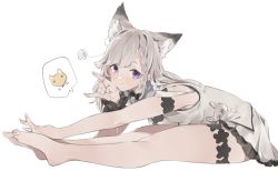 Rule 34 | 1girl, animal ears, animare, barefoot, blush, braid, fox shadow puppet, hair ribbon, looking at viewer, medium hair, nanashi inc., purple eyes, ribbon, rippootai, shiromiya mimi, shirt, side braid, simple background, sleeveless, sleeveless shirt, smile, stretching, tail, virtual youtuber, white background