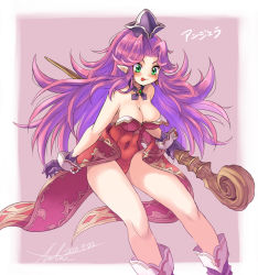 Rule 34 | 1girl, angela (seiken densetsu 3), bare shoulders, blue eyes, blush, breasts, cleavage, covered navel, earrings, gloves, green eyes, hat, highres, jewelry, kamiyama teten, large breasts, leotard, long hair, pointy ears, purple hair, red leotard, seiken densetsu, seiken densetsu 3, simple background, smile, solo, staff, tongue, tongue out, very long hair