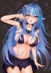 Rule 34 | 1girl, absurdres, ahoge, bikini, bikini under clothes, blue hair, blush, bow, breasts, colored tips, elf, flower, hair between eyes, hair flower, hair ornament, heart, heart ahoge, highres, hololive, large breasts, long hair, looking at viewer, mito soosu, multicolored hair, navel, open mouth, pointy ears, sailor collar, skirt, solo, streaked hair, swimsuit, very long hair, virtual youtuber, wet, yellow eyes, yukihana lamy
