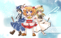 Rule 34 | 3girls, artist name, black hair, blonde hair, blue ribbon, blush, brown footwear, crescent, fairy, flute, holding, holding instrument, instrument, long hair, long sleeves, looking at viewer, luna child, multiple girls, open mouth, purple eyes, red eyes, red hair, red skirt, ribbon, skirt, smile, star (symbol), star sapphire, sunny milk, touhou, two side up, white headwear, yellow eyes, yuzuki ui
