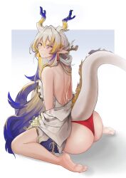Rule 34 | 1girl, absurdres, arknights, ass, back, barefoot, blonde hair, commentary, dragon girl, dragon horns, dragon tail, earrings, english commentary, from behind, gradient hair, grey hair, hachi (hachi ik0), highres, horns, jewelry, looking at viewer, looking back, multicolored hair, panties, pointy ears, purple hair, red panties, shu (arknights), sitting, smile, solo, tail, tassel, tassel earrings, underwear, wariza, yellow eyes