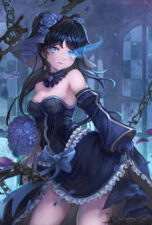 Rule 34 | 1girl, absurdres, alternate costume, alternate hairstyle, black choker, black dress, black gloves, black hair, black rock shooter, black rock shooter (character), black sleeves, blue bow, blue eyes, blue flower, blue rose, blush, bow, breasts, chain, checkered background, choker, cleavage, contrapposto, cowboy shot, detached sleeves, dress, flaming eye, floating hair, flower, gloves, hair flower, hair ornament, highres, long hair, long sleeves, looking at viewer, medium breasts, parted lips, rose, short dress, skirt hold, sleeveless, sleeveless dress, solo, standing, strapless, strapless dress, twintails, yan guang aoxiang