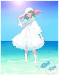 Rule 34 | 1girl, alternate costume, blue sky, day, dress, closed eyes, fire emblem, fire emblem: three houses, flayn (fire emblem), green hair, guttary, hair ornament, hat, long hair, nintendo, open mouth, outdoors, sky, solo, straw hat, twitter username, wading, water, white dress