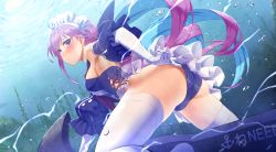 Rule 34 | 1girl, :t, adjusting clothes, adjusting swimsuit, ahoge, aqua hair, armpits, ass, azur lane, bare shoulders, blue one-piece swimsuit, blush, breasts, bubble, colored inner hair, commentary request, crossover, detached sleeves, elbow gloves, frilled swimsuit, frills, from side, gloves, highres, hololive, long hair, looking at viewer, maid headdress, medium breasts, minato aqua, mizunashi (second run), multicolored hair, one-piece swimsuit, pout, puffy sleeves, purple eyes, purple hair, sideboob, solo, streaked hair, submarine, swimsuit, thighhighs, twintails, two-tone hair, underwater, virtual youtuber, watercraft, white gloves, white thighhighs