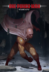 Rule 34 | 1boy, artist name, bald, bodysuit, boots, cape, copyright name, debris, full body, gloves, in-hyuk lee, male focus, muscular, one-punch man, realistic, red footwear, red gloves, saitama (one-punch man), shadow, signature, skin tight, solo, veins