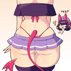 Rule 34 | 1girl, ass, ass focus, black thighhighs, chibi, chibi inset, crop top, daigada, demon girl, demon horns, demon tail, ear piercing, from behind, gradient background, hat, head out of frame, highres, horns, microskirt, midriff, multiple views, one eye closed, original, panties, piercing, pink nails, pink panties, pointing, pointy ears, purple hair, selene (daigada), short hair, simple background, skirt, solo, tail, thigh gap, thighhighs, underwear, whale tail (clothing), yes