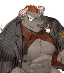 Rule 34 | 1boy, abs, animal ears, bara, bare pectorals, bottomless, breath, brown fur, cow ears, cow horns, facial hair, from above, furry, furry male, goatee, gomtang, gyumao (housamo), horns, large pectorals, looking at viewer, male focus, male pubic hair, mature male, minotaur, mohawk, muscular, muscular male, navel, navel hair, necktie, nipples, open clothes, open shirt, pectorals, pubic hair, red hair, red shirt, scar, scar on face, scar on nose, shirt, short hair, smile, solo, stomach, striped suit, suit, sweatdrop, tokyo houkago summoners, upper body