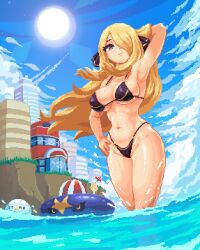 Rule 34 | 1girl, arm behind head, arm up, armpits, arms behind head, ball, beachball, bikini, black bikini, black ribbon, blonde hair, blue sky, blush, breasts, cloud, creatures (company), cup, curvy, cynthia (pokemon), drinking glass, floating hair, game freak, garchomp, gen 3 pokemon, gen 4 pokemon, glass, grey eyes, groin, hair over one eye, hair ribbon, hand on own hip, highleg, highleg bikini, innertube, itzah, large breasts, lens flare, long hair, looking at viewer, micro bikini, navel, nintendo, one eye covered, outdoors, pixel art, pokemon, pokemon bw, ribbon, shiny skin, sky, smile, solo, sun, swim ring, swimsuit, thick thighs, thighs, very long hair, wading, water, wine glass