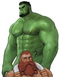 Rule 34 | 2boys, ?, abs, back hair, bara, beard, big nose, braid, braided beard, brown hair, censored, character censor, colored skin, completely nude, couple, dopey (dopq), dwarf, facial hair, full beard, green skin, hairy, highres, huge eyebrows, interspecies, large pectorals, long beard, looking ahead, looking at viewer, male focus, mature male, monster boy, multiple boys, muscular, muscular male, navel hair, nipples, novelty censor, nude, orc, original, paid reward available, pectorals, pointy ears, short hair, size difference, smirk, sparse arm hair, sparse chest hair, staring, strongman waist, thick beard, towel, towel around neck, undercut, upper body, yaoi