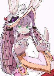 Rule 34 | 10s, artist request, bad id, bad twitter id, ears through headwear, furry, green eyes, grey background, long hair, made in abyss, nanachi (made in abyss), nervous smile, rabbit, simple background, smile, solo, topless, whiskers, white hair