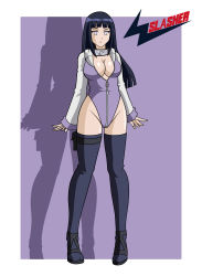 Rule 34 | 1girl, absurdres, adapted costume, alternate costume, artist name, black hair, blunt bangs, border, breasts, cleavage, full body, high heels, highleg, highleg leotard, highres, hime cut, hyuuga hinata, konohagakure symbol, large breasts, legs, leotard, long hair, looking at viewer, naruto, naruto (series), ninja, no pupils, outside border, partially unzipped, pigeon-toed, purple background, shadow, shoes, sidelocks, solo, standing, tagme, thigh strap, thighhighs, thong leotard, vector trace, white border, wslasher, zipper