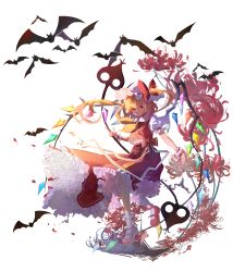 Rule 34 | 1girl, absurdres, arm garter, ascot, bat (animal), blonde hair, bow, crystal, flandre scarlet, flower, frilled shirt, frilled shirt collar, frilled skirt, frilled sleeves, frills, hat, hat bow, highres, laevatein, magic tofu, mob cap, navel, pointy ears, puffy short sleeves, puffy sleeves, red bow, red eyes, red skirt, red vest, shirt, short sleeves, side ponytail, skirt, solo, spider lily, touhou, vest, white shirt, wings, yellow ascot