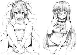 Rule 34 | :&lt;, barefoot, bikini, blush, breasts, chair, choukai (kancolle), cleavage, closed mouth, crossed legs, dress, glasses, greyscale, hair between eyes, hair ribbon, highres, kantai collection, large breasts, long hair, medium breasts, monochrome, multiple girls, pelvic curtain, ribbon, simple background, sitting, smile, sweat, swimsuit, tone (kancolle), traditional media, tsuji kazuho, twintails, underwear