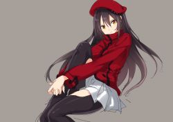 Rule 34 | 1girl, absurdres, beret, black hair, black pantyhose, brown eyes, character request, closed mouth, expressionless, floating hair, grey background, hair between eyes, hat, highres, hiraga matsuri, hirasato, knee up, long hair, long sleeves, looking at viewer, original, own hands together, pantyhose, pleated skirt, simple background, sitting, sketch, skirt, solo, turtleneck, v arms, white skirt