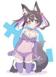 Rule 34 | 1girl, :/, absurdres, animal ear fluff, animal ears, babydoll, bare shoulders, black hair, bow, bow panties, breasts, brown eyes, choker, collarbone, commentary, dot nose, elbow gloves, fox ears, fox tail, frilled choker, frilled panties, frills, full body, gloves, groin, hair between eyes, hair ornament, hairclip, highres, kneeling, light blush, lingerie, looking at viewer, medium breasts, medium hair, multicolored hair, navel, official alternate costume, onii-chan wa oshimai!, oyama mihari, panties, paw shoes, purple choker, purple gloves, purple hair, purple thighhighs, see-through, see-through babydoll, simple background, solo, tail, teira (ooxoo), thighhighs, twintails, two-tone hair, underwear, venus symbol, white background