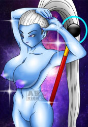 Rule 34 | 10s, 1girl, aaron broscli, angel (dragon ball), blue skin, breasts, colored skin, dragon ball, dragon ball super, female focus, huge breasts, long hair, nail polish, naughty face, navel, nipples, nude, ponytail, pussy, solo, sparkle, text focus, uncensored, vados (dragon ball), white hair