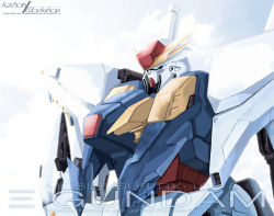 Rule 34 | absurdres, artist name, character name, cloud, cloudy sky, commentary, copyright name, english commentary, english text, green eyes, gundam, gundam hathaway&#039;s flash, highres, kzchan, mecha, mobile suit, no humans, robot, science fiction, sky, solo, upper body, v-fin, xi gundam