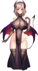 Rule 34 | 1girl, absurdres, asymmetrical bangs, black thighhighs, breasts, covered navel, cropped legs, demon girl, demon horns, demon tail, demon wings, derauea, elbow gloves, firis (motto! haramase!), gloves, highres, horns, huge breasts, lace, lace-trimmed legwear, lace trim, light brown hair, look-alike, looking at viewer, low wings, medium hair, motto! haramase! honoo no oppai isekai chou ero: succubus gakuen, official art, parody, pelvic curtain, photoshop (medium), roon (azur lane), smile, solo, tail, thighhighs, transparent background, wings