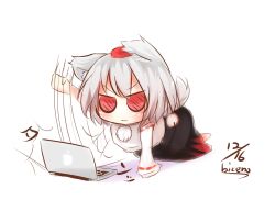 Rule 34 | 1girl, :3, all fours, animal ears, apple inc., artist name, bikuseno, black skirt, chibi, computer, dated, detached sleeves, grey hair, hitting, inubashiri momiji, laptop, long skirt, o o, pom pom (clothes), red eyes, ribbon-trimmed sleeves, ribbon trim, short hair, simple background, sketch, skirt, solo, tail, touhou, white background, wolf ears, wolf tail
