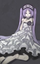 Rule 34 | 1girl, absurdres, balance (artist), creepy, dark, dress, fate/grand order, fate/hollow ataraxia, fate (series), headband, highres, long hair, looking at viewer, purple eyes, purple hair, simple background, slit pupils, smile, stheno (fate), very long hair