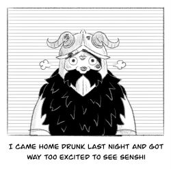 Rule 34 | 1boy, beard, blush, dungeon meshi, dwarf, english text, facial hair, fake horns, frizzleguy, greyscale, helmet, horned helmet, horns, lipstick mark, long beard, looking at viewer, male focus, monochrome, mustache, puff of air, senshi (dungeon meshi), shy, solo, steam from ears, straight-on, thick mustache, upper body, very long beard