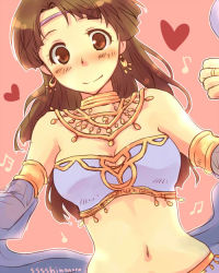 Rule 34 | 1girl, armlet, artist name, bandeau, bikini, blush, breasts, brown eyes, brown hair, circlet, cleavage, closed mouth, dancer, detached sleeves, dutch angle, earrings, happy, harushino, heart, hip focus, jewelry, light smile, long hair, looking at viewer, medium breasts, midriff, musical note, navel, neck ring, necklace, outline, parted bangs, pink background, plum (tear ring saga), quaver, ring, see-through, shawl, simple background, sketch, smile, solo, swimsuit, tear ring saga, upper body