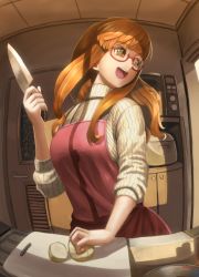 Rule 34 | 10s, 1girl, :d, abazu-red, apron, blunt bangs, casual, commentary request, door, fisheye, girls und panzer, glasses, highres, holding, indoors, kitchen knife, long hair, open mouth, orange eyes, orange hair, potato, red-framed eyewear, red apron, ribbed sweater, semi-rimless eyewear, sleeves pushed up, smile, solo, standing, sweater, takebe saori, turtleneck, under-rim eyewear, upper body, white sweater