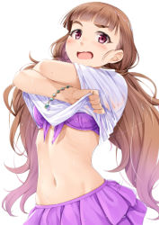 Rule 34 | 1girl, bikini, bikini skirt, blush, bracelet, brown hair, clothes lift, commentary request, front-tie bikini top, front-tie top, idolmaster, idolmaster cinderella girls, jewelry, kamiya nao, long hair, looking at viewer, low twintails, miri (ago550421), navel, open mouth, purple bikini, red eyes, shirt, shirt lift, short sleeves, simple background, solo, stomach, swimsuit, thick eyebrows, twintails, undressing, very long hair, wet, wet clothes, wet hair, wet shirt, white background, white shirt
